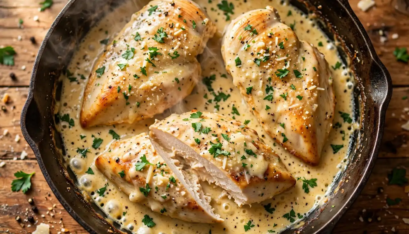 Church Lady Creamy Parmesan Chicken in a skillet with golden seared chicken breasts in a rich Parmesan cream sauce