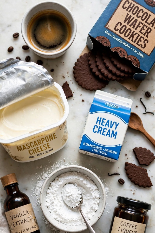 Ingredients for coffee icebox cake including espresso, mascarpone, chocolate wafers, and heavy cream