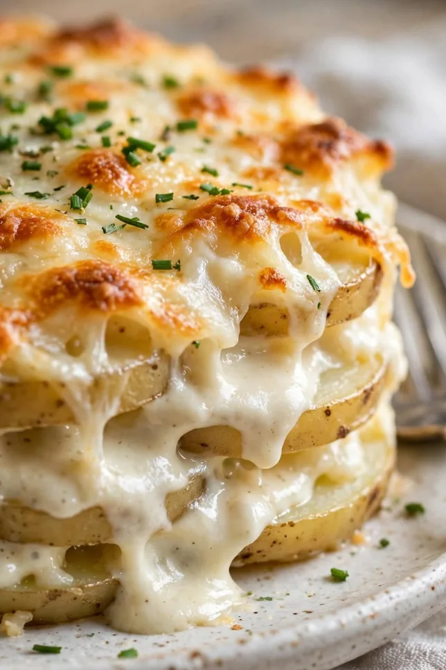 Creamy pour-over baked potatoes with golden melted cheddar cheese in a white casserole dish