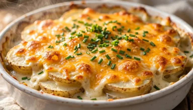 Creamy pour-over baked potatoes with golden melted cheddar cheese in a white casserole dish