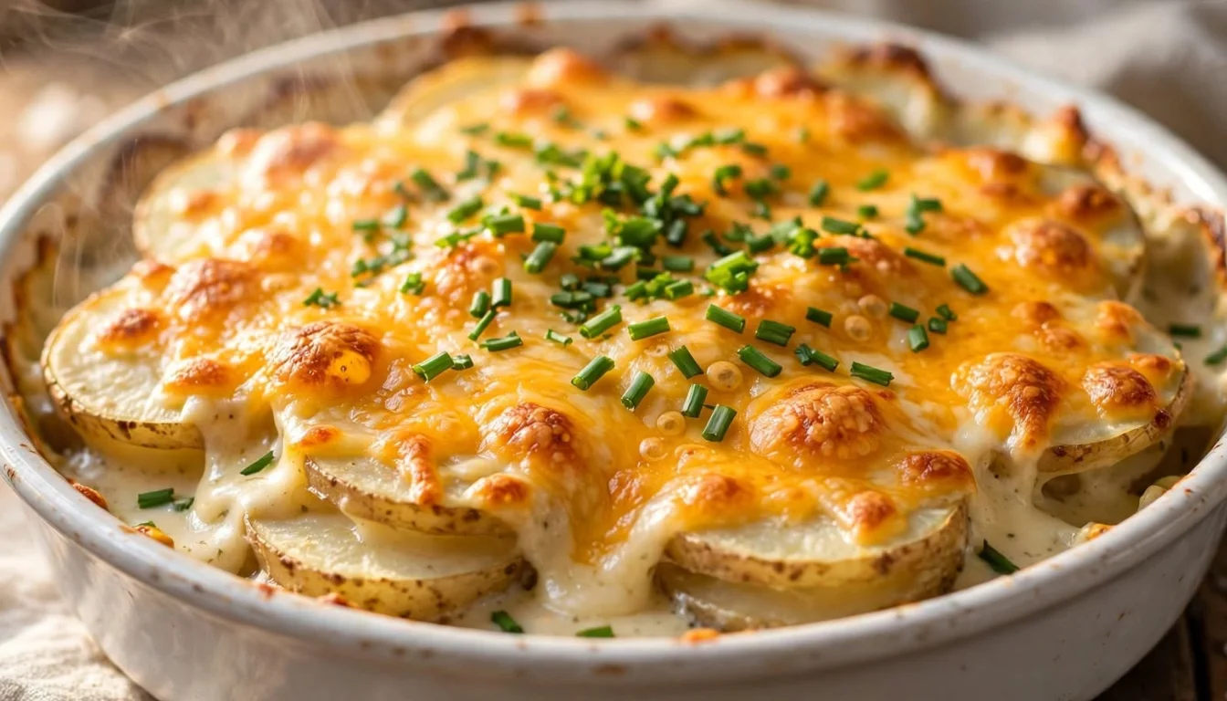 Creamy pour-over baked potatoes with golden melted cheddar cheese in a white casserole dish