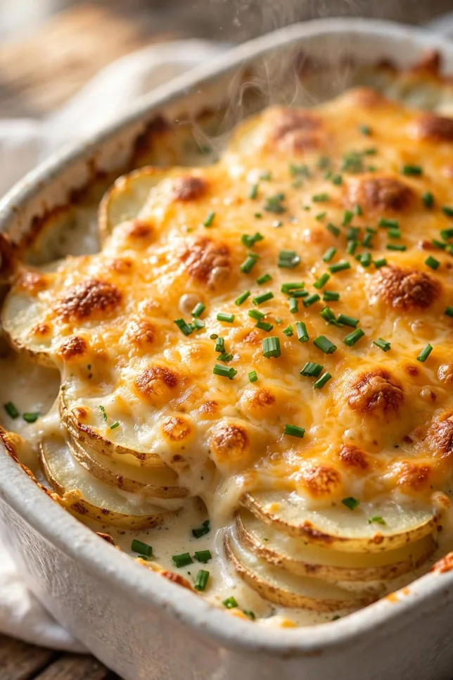 Creamy pour-over baked potatoes with golden melted cheddar cheese in a white casserole dish