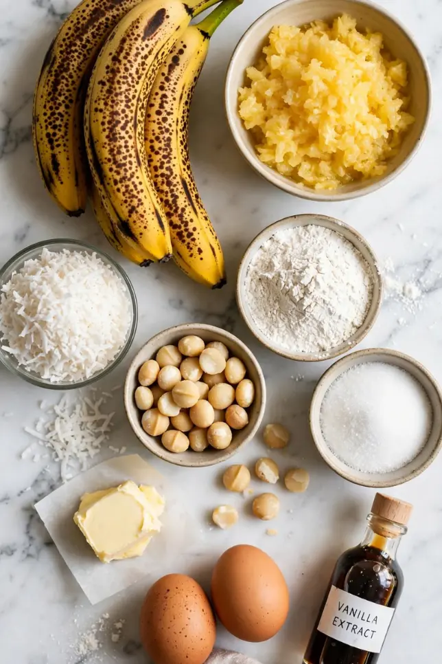 Ingredients for Hawaiian banana bread including ripe bananas, pineapple, coconut and macadamia nuts