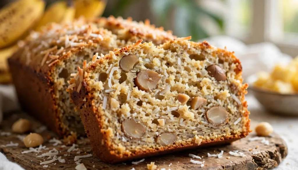 Sliced Hawaiian banana bread with macadamia nuts and coconut on a wooden board