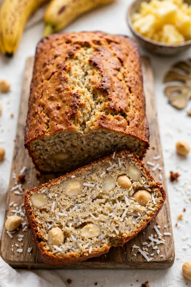 Sliced Hawaiian banana bread with macadamia nuts and coconut on a wooden board