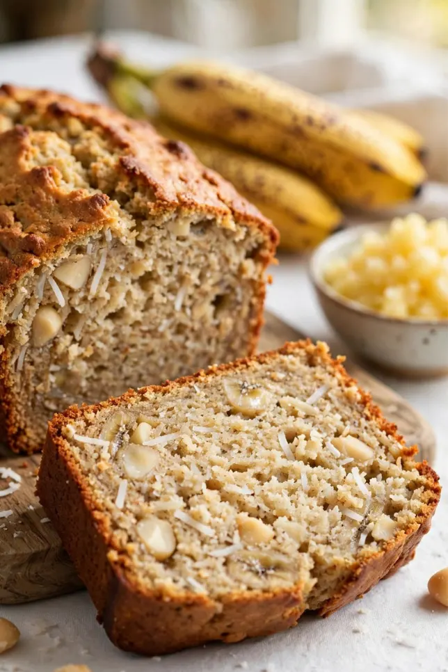 Sliced Hawaiian banana bread with macadamia nuts and coconut on a wooden board