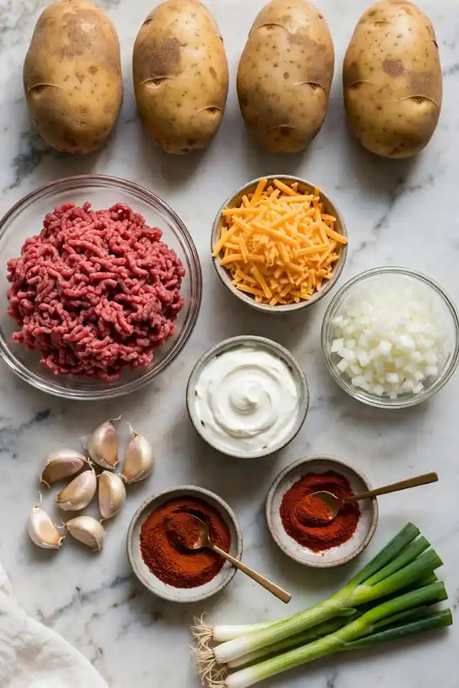 Fresh ingredients for loaded beef baked potato boats including russet potatoes, ground beef, cheddar cheese, and sour cream
