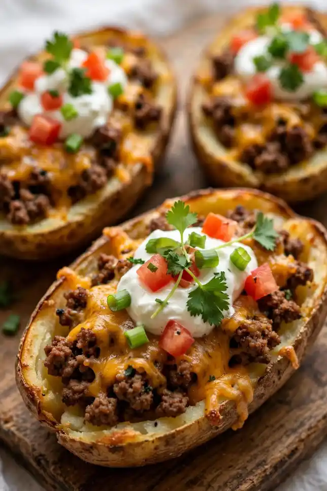Loaded beef stuffed baked potato boats topped with melted cheddar, sour cream, and green onions on a wooden board