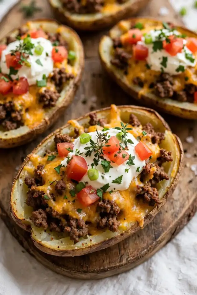 Loaded beef stuffed baked potato boats topped with melted cheddar, sour cream, and green onions on a wooden board