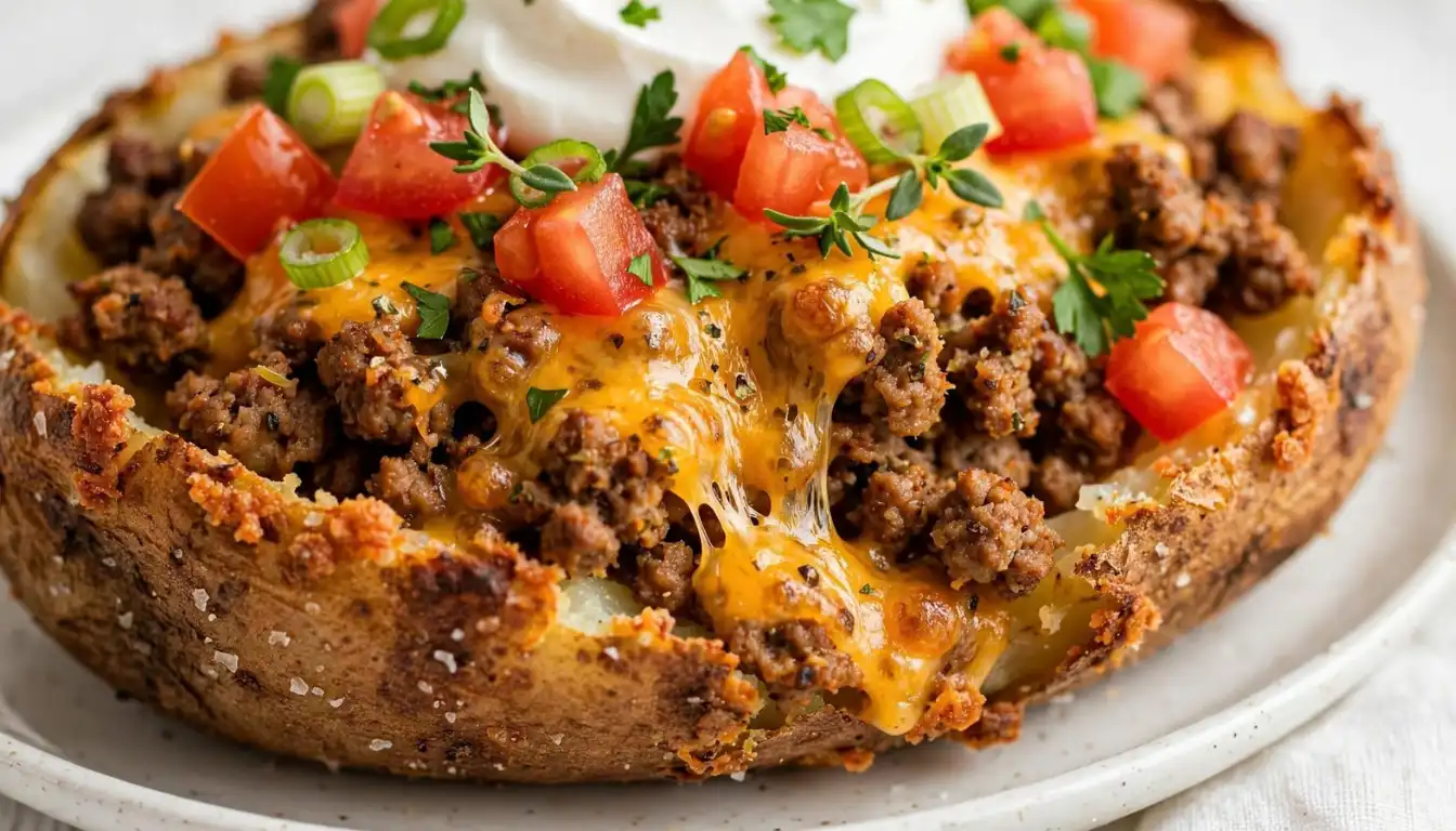 Loaded beef stuffed baked potato boats topped with melted cheddar, sour cream, and green onions on a wooden board