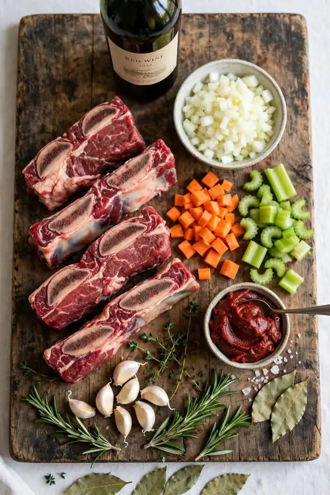 Ingredients for slow-braised beef short ribs including red wine, carrots, onion, and fresh herbs