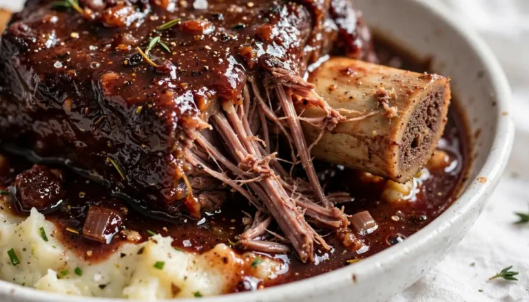 Slow-braised beef short ribs in red wine sauce served over mashed potatoes