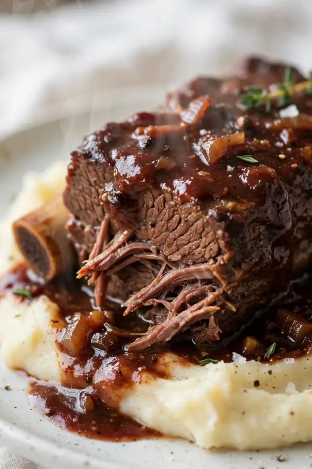 Slow-braised beef short ribs in red wine sauce served over mashed potatoes