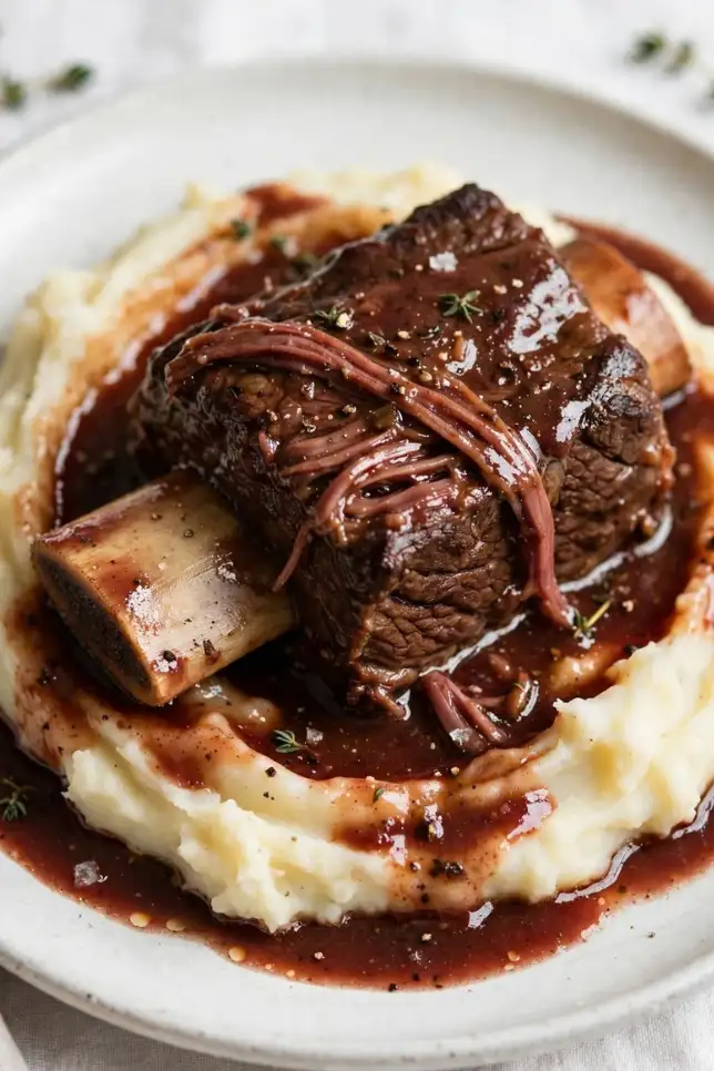 Slow-braised beef short ribs in red wine sauce served over mashed potatoes