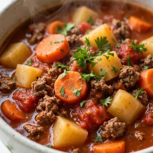 Bowl of slow cooker poor man's stew with ground beef, potatoes, and carrots in tomato broth