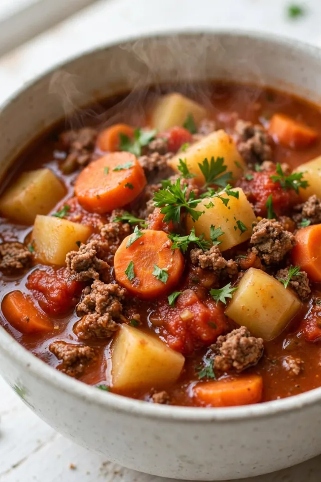 Bowl of slow cooker poor man's stew with ground beef, potatoes, and carrots in tomato broth