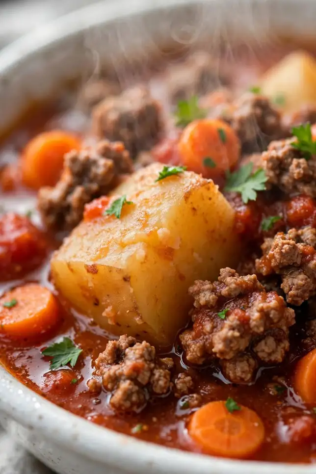 Bowl of slow cooker poor man's stew with ground beef, potatoes, and carrots in tomato broth