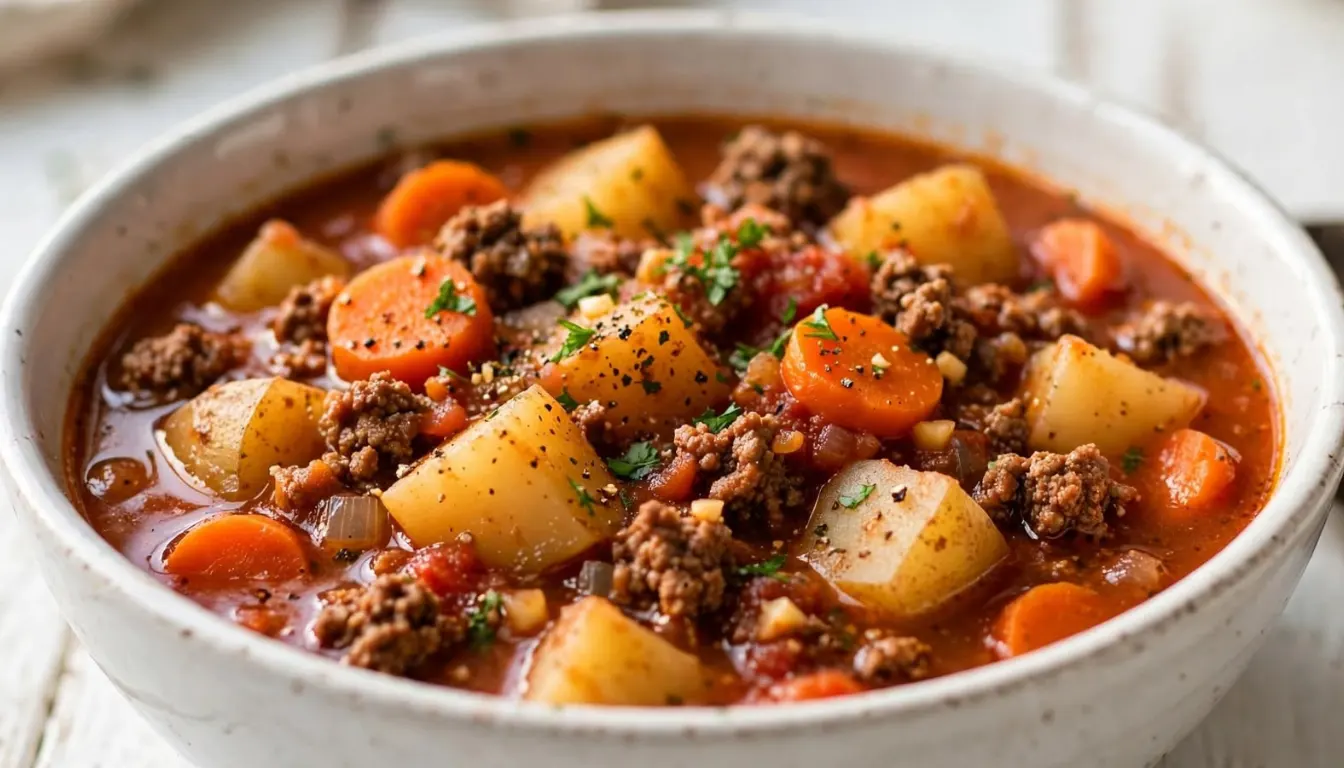 Bowl of slow cooker poor man's stew with ground beef, potatoes, and carrots in tomato broth