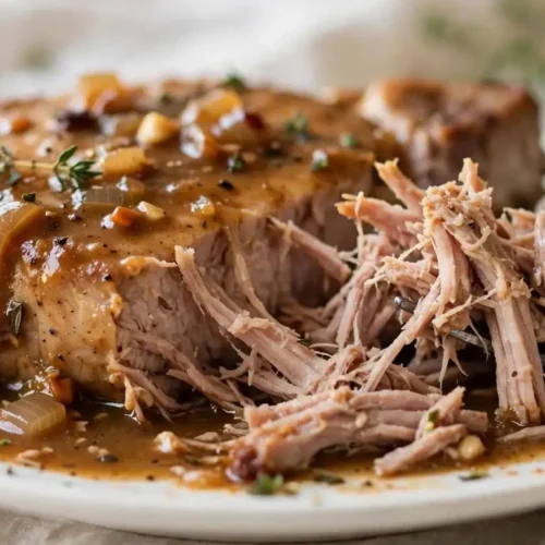 Slow cooker pork chops covered in creamy gravy on a white plate with mashed potatoes