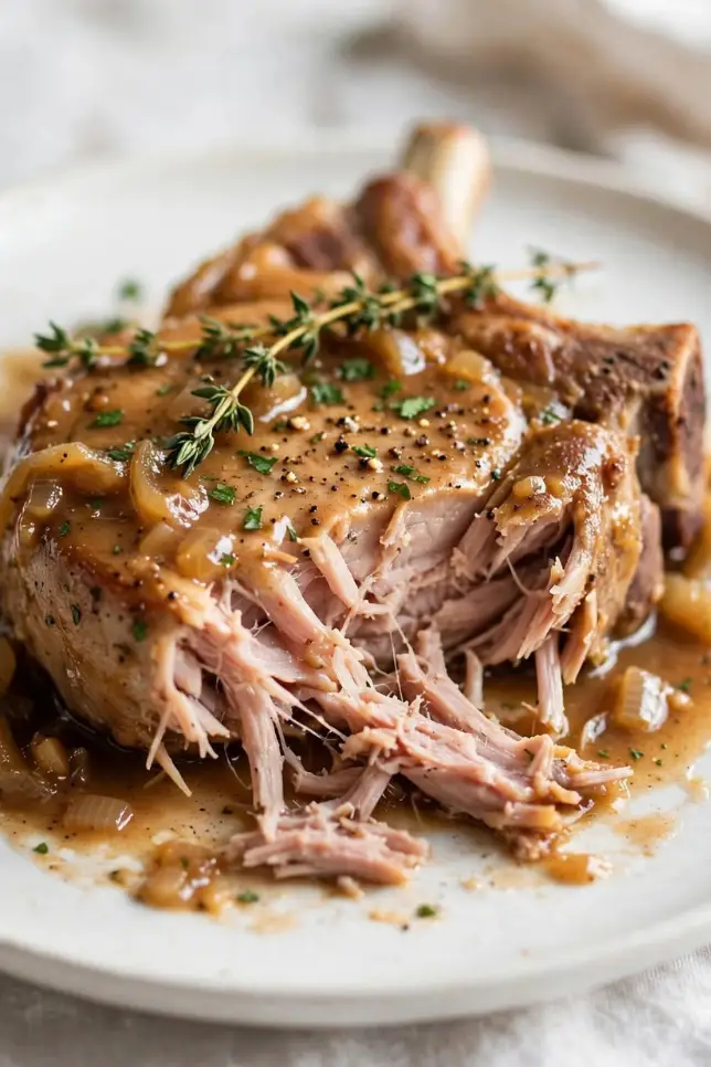 Slow cooker pork chops covered in creamy gravy on a white plate with mashed potatoes