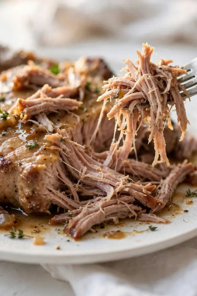 Slow cooker pork chops covered in creamy gravy on a white plate with mashed potatoes