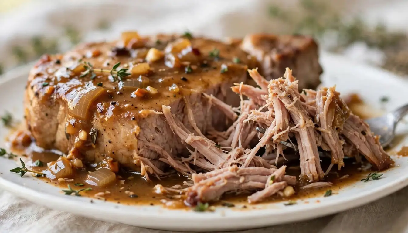 Slow cooker pork chops covered in creamy gravy on a white plate with mashed potatoes