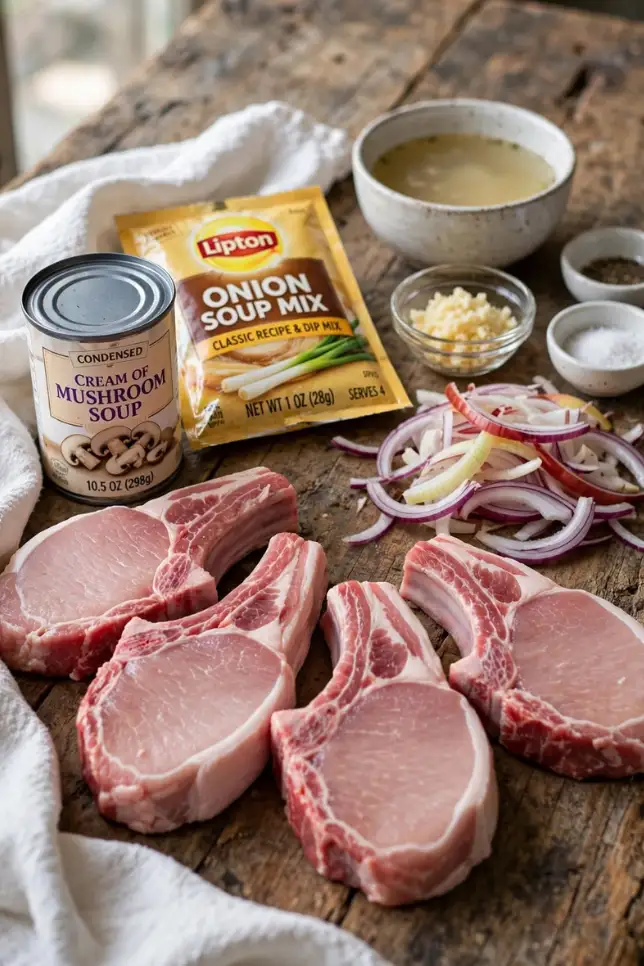 Raw pork chops, cream of mushroom soup, onion soup mix, and seasonings for slow cooker pork chops