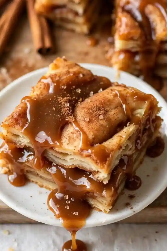 Amish cinnamon caramel slabs cut into squares on a wooden board with gooey caramel dripping
