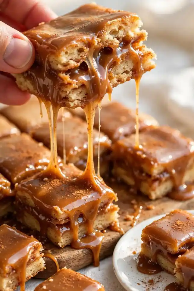 Amish cinnamon caramel slabs cut into squares on a wooden board with gooey caramel dripping