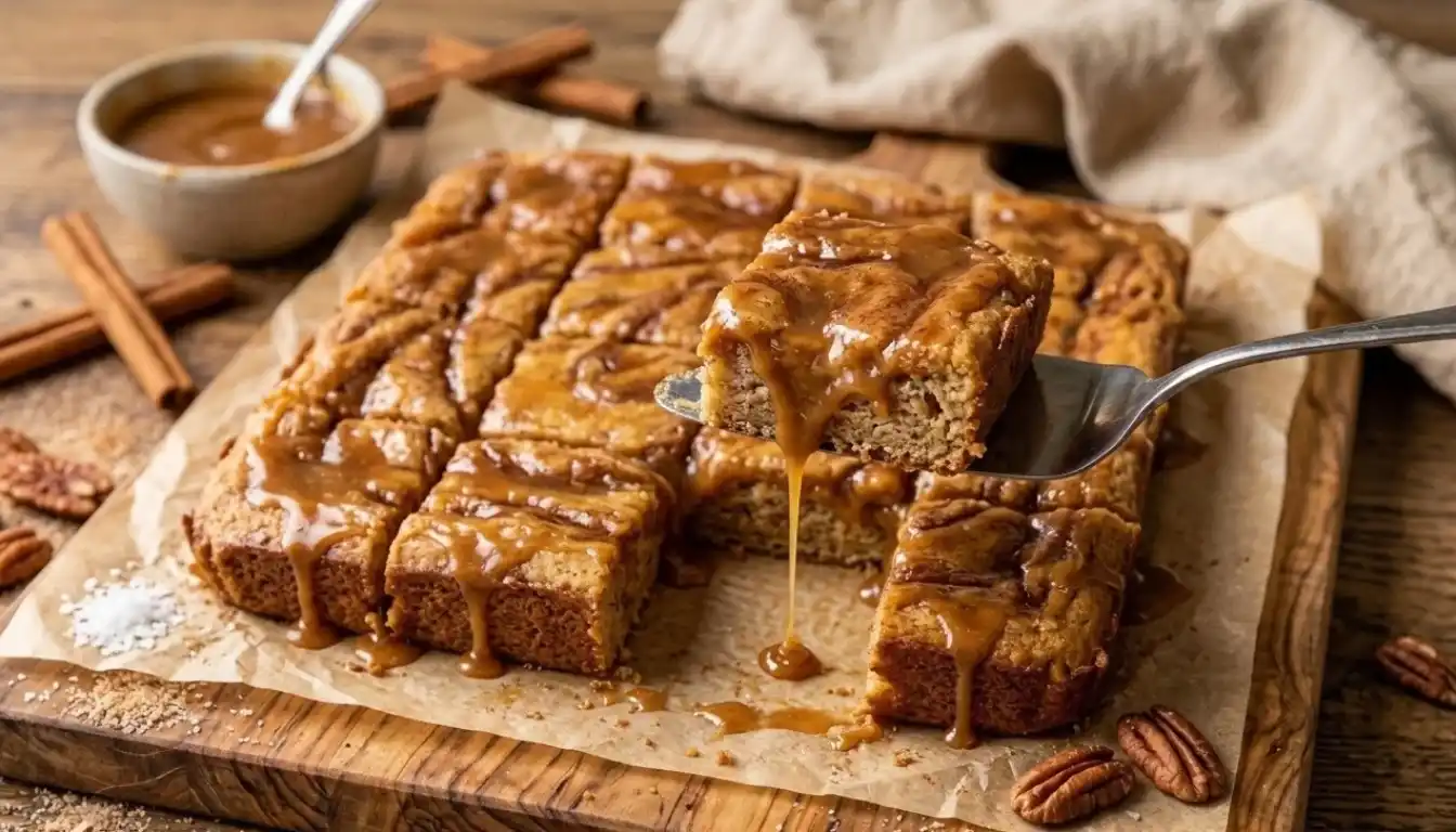 Amish cinnamon caramel slabs cut into squares on a wooden board with gooey caramel dripping