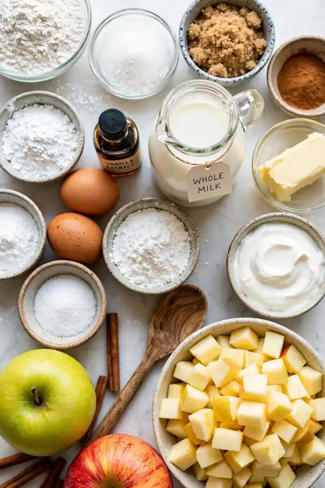 Ingredients for apple cinnamon swirl loaf including flour, butter, eggs, sour cream, brown sugar, cinnamon and fresh apples