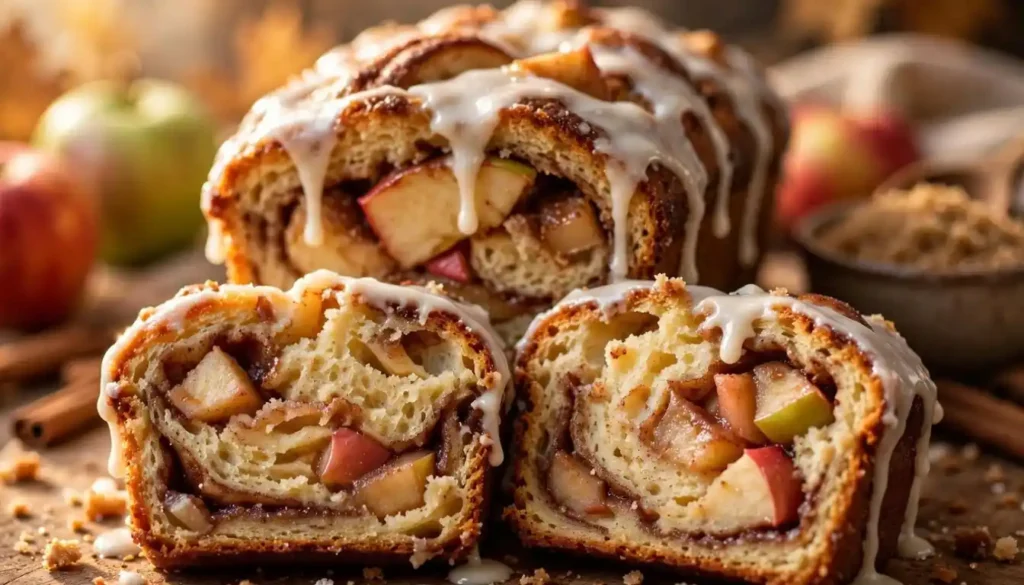 Homemade apple cinnamon swirl loaf with vanilla glaze and sliced pieces on a wooden board