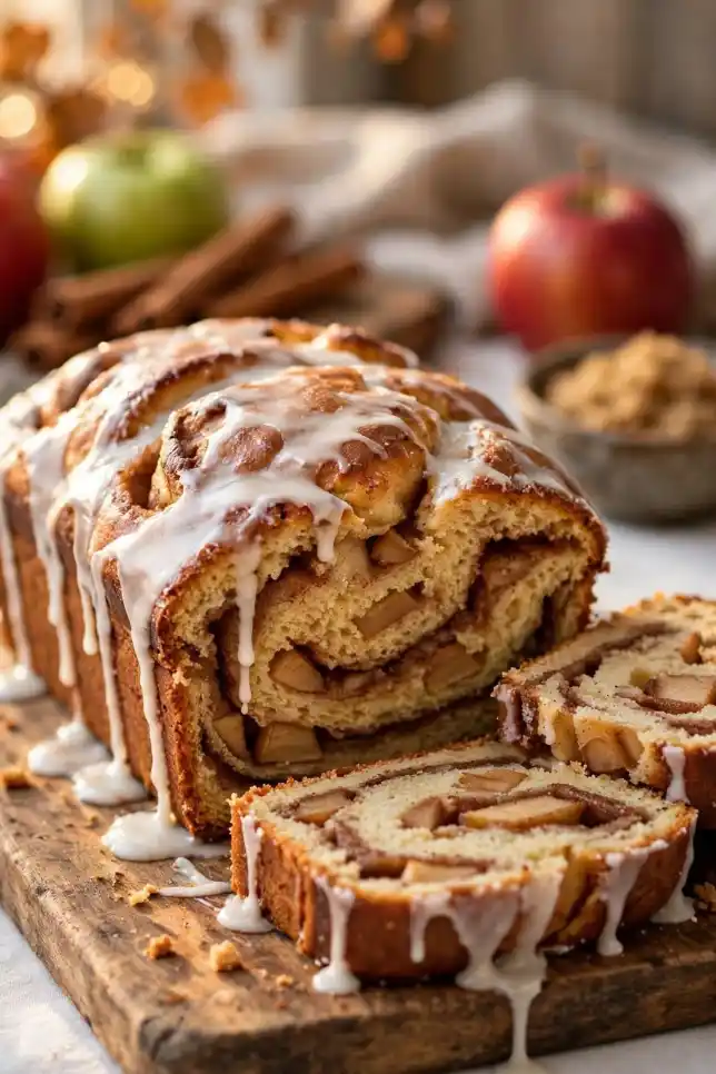 Homemade apple cinnamon swirl loaf with vanilla glaze and sliced pieces on a wooden board
