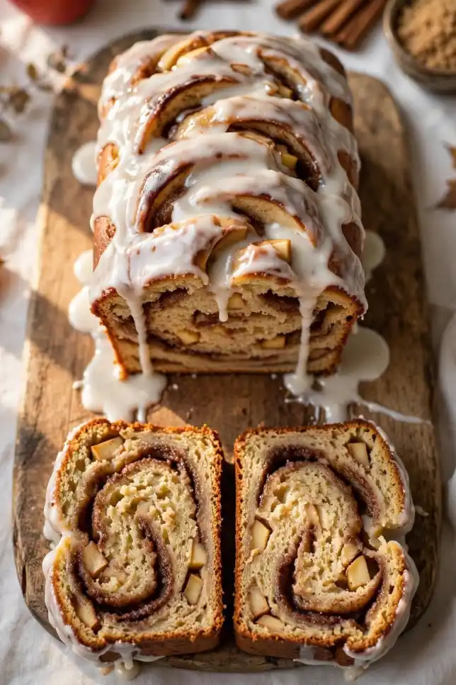 Homemade apple cinnamon swirl loaf with vanilla glaze and sliced pieces on a wooden board