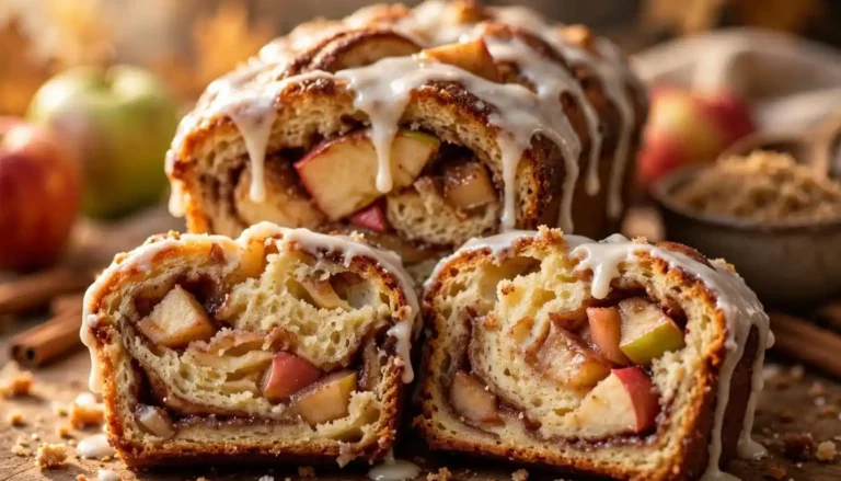Homemade apple cinnamon swirl loaf with vanilla glaze and sliced pieces on a wooden board