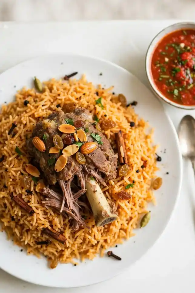 Mutton Kabsa Pulao on a brass platter with tender mutton, basmati rice, almonds and raisins