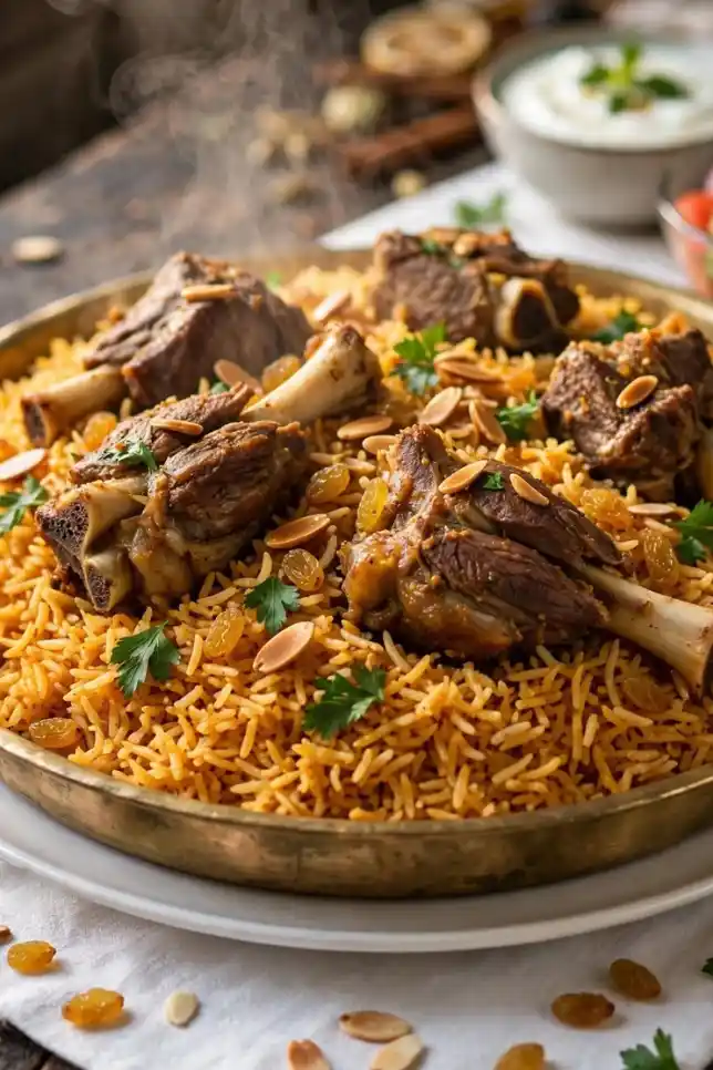 Mutton Kabsa Pulao on a brass platter with tender mutton, basmati rice, almonds and raisins