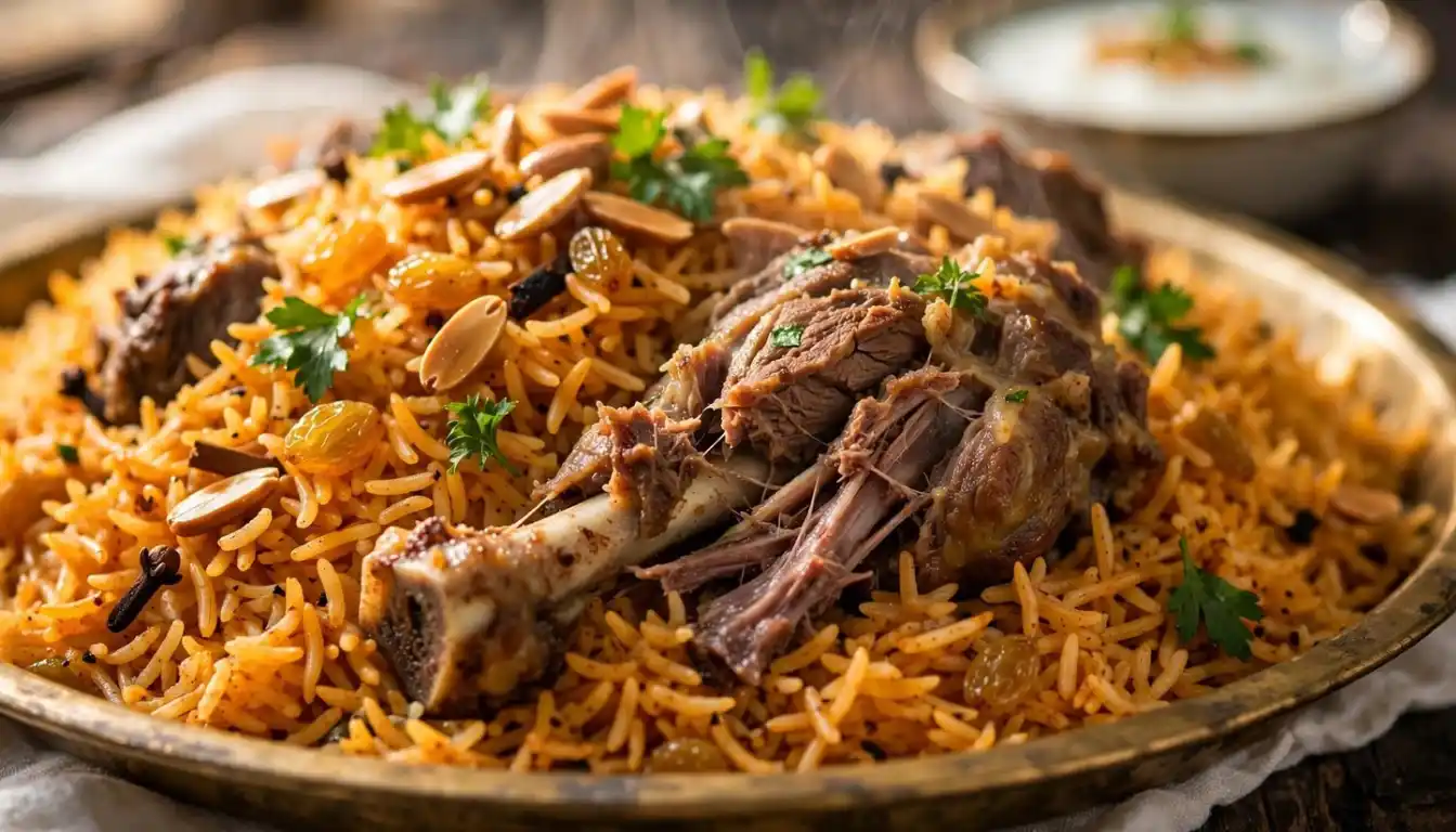 Mutton Kabsa Pulao on a brass platter with tender mutton, basmati rice, almonds and raisins