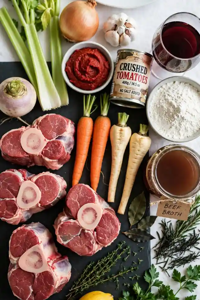 Raw beef shanks, carrots, parsnips, turnip, red wine, tomatoes and fresh herbs for slow cooker osso buco
