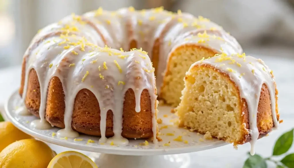 Moist lemon bundt cake with dripping white lemon glaze on a white cake stand with fresh lemons