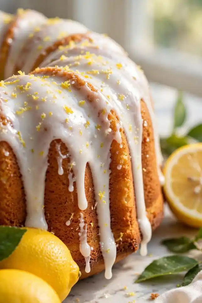 Moist lemon bundt cake with dripping white lemon glaze on a white cake stand with fresh lemons