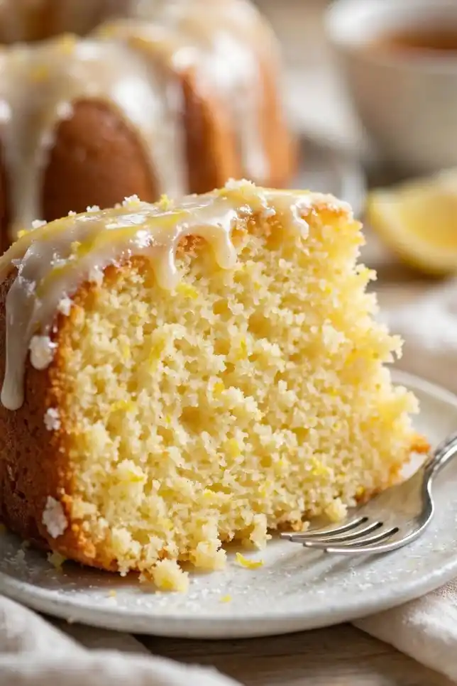 Moist lemon bundt cake with dripping white lemon glaze on a white cake stand with fresh lemons