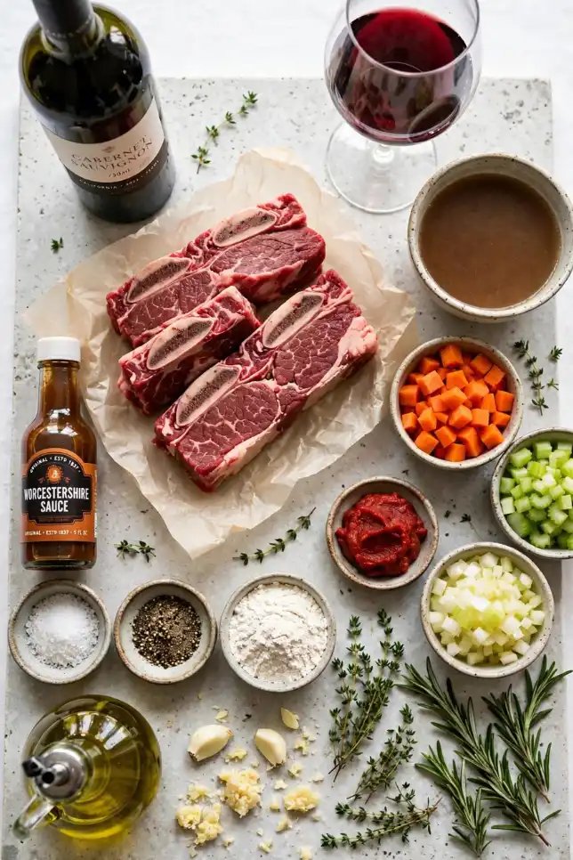 Ingredients for braised beef short ribs including raw short ribs, red wine, beef broth, vegetables and fresh herbs
