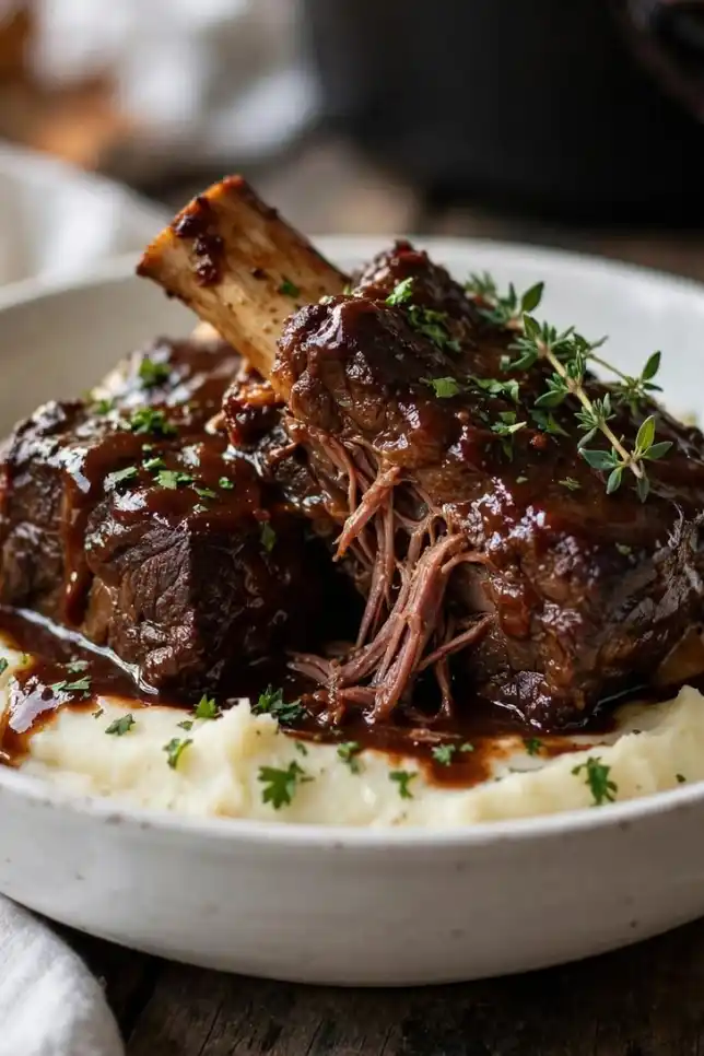 Tender braised beef short ribs in red wine sauce served over creamy mashed potatoes