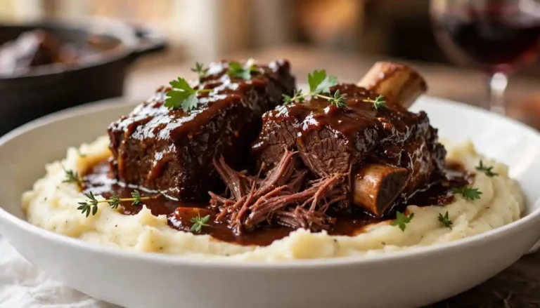 Tender braised beef short ribs in red wine sauce served over creamy mashed potatoes