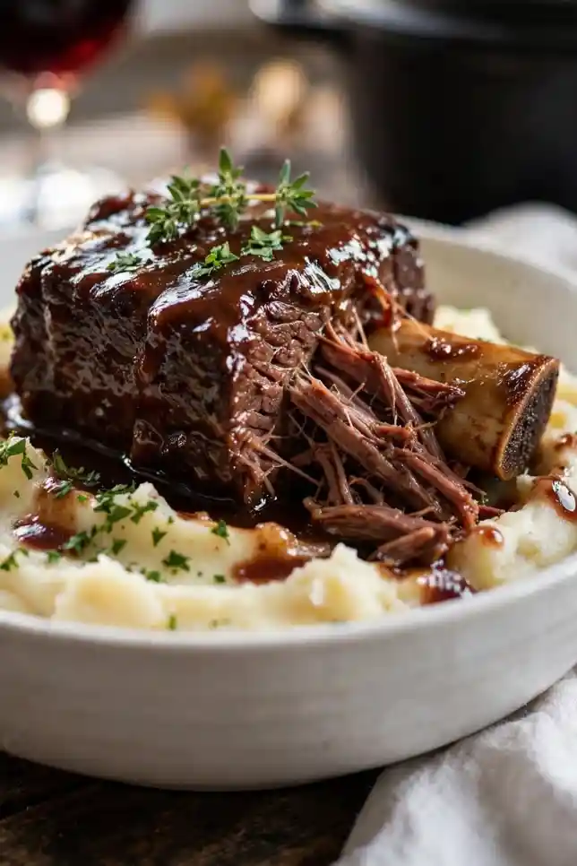 Tender braised beef short ribs in red wine sauce served over creamy mashed potatoes