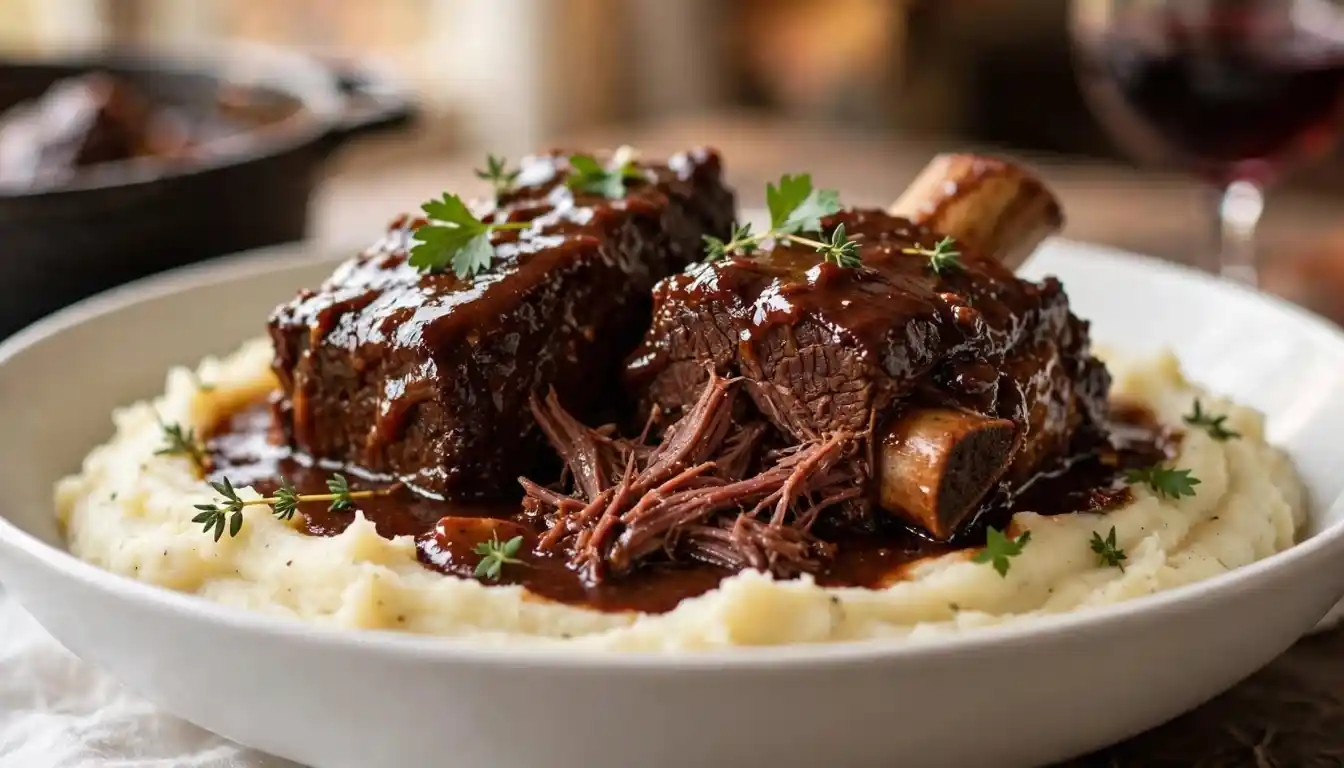 Tender braised beef short ribs in red wine sauce served over creamy mashed potatoes