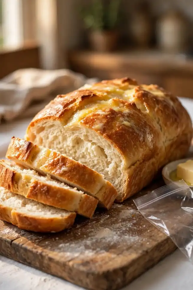 Golden homemade Bread in a Bag loaf sliced on a wooden cutting board