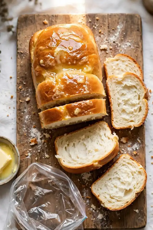 Golden homemade Bread in a Bag loaf sliced on a wooden cutting board