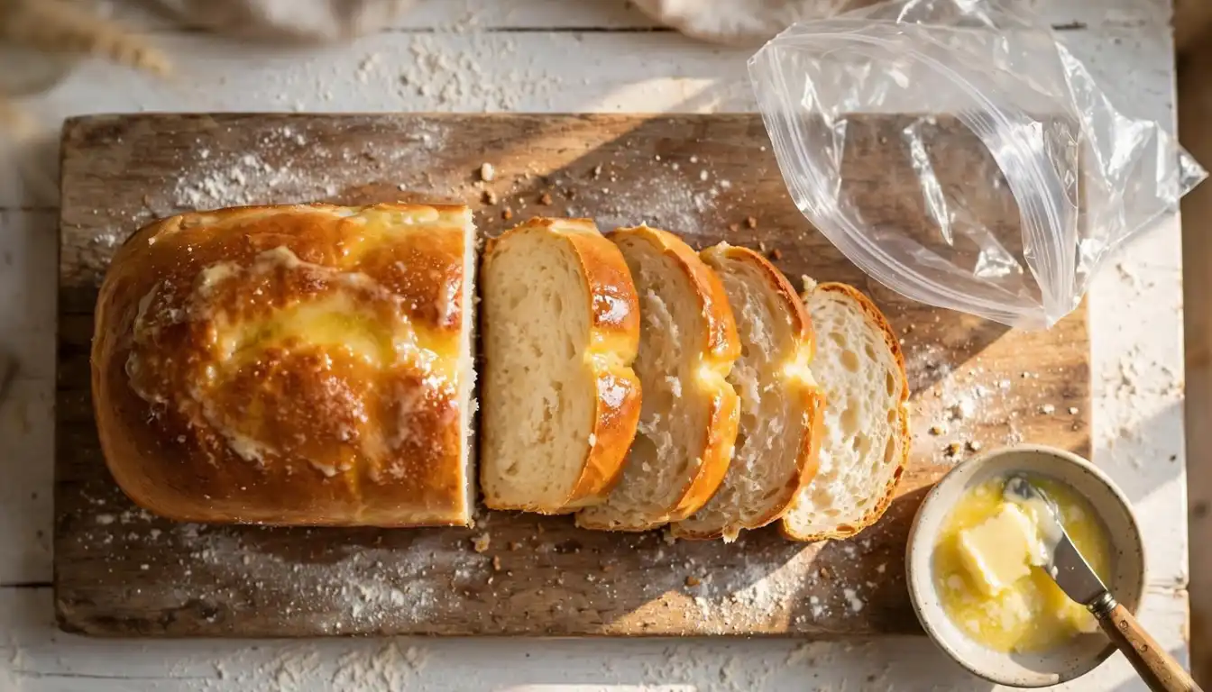 Golden homemade Bread in a Bag loaf sliced on a wooden cutting board